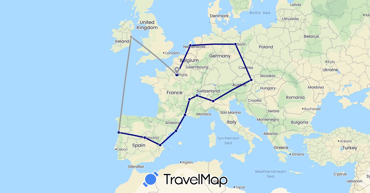 TravelMap itinerary: driving, plane in Austria, Switzerland, Germany, Spain, France, Ireland, Italy, Netherlands, Portugal (Europe)